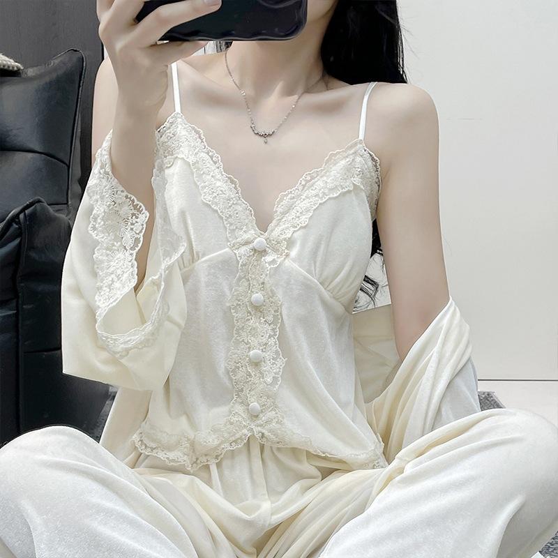 Golden velvet pure lace lace pajamas women's autumn and winter thick nightgown suspender trousers three-piece set loungewear