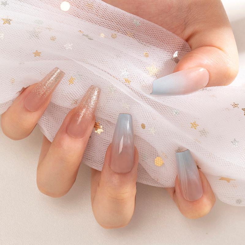 

Glitter Gradient Blue Luxury Wearable Long Nails Stickers Glue Type