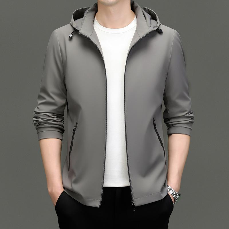 Spring and Autumn New Men's Milk Silk Casual Jacket Business Gentleman Removal Hat Collar Zipper Jacket Thin Men's Jacket