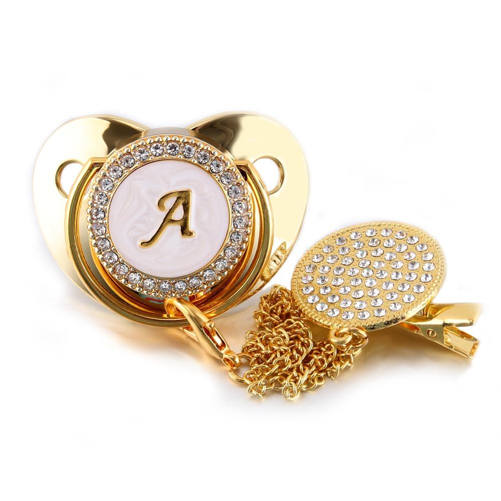 HTN - Lettera Iniziale Baby Ciuccio E Clip Del Ciuccio Bpa Gratuito 26 Lettere Nome Silicone Capezzolo Oro Oro Bling Neonato Fittizio Solo 8213972526085