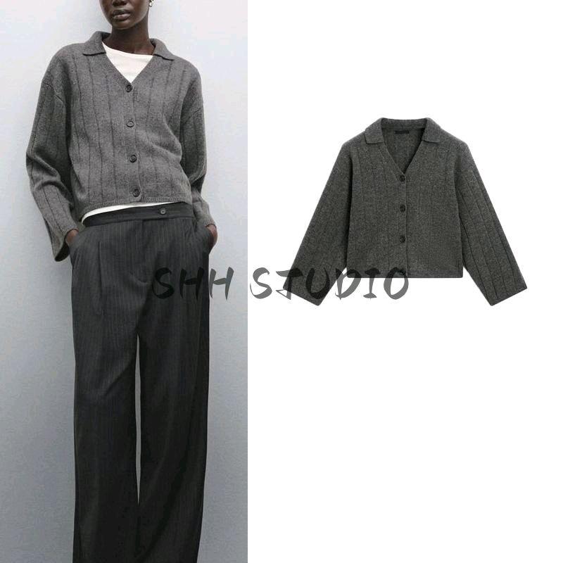 MD Spring New Women's Clothing Gray Casual Preppy Style Polo Shirt Collar Knitting Cardigan 5652619