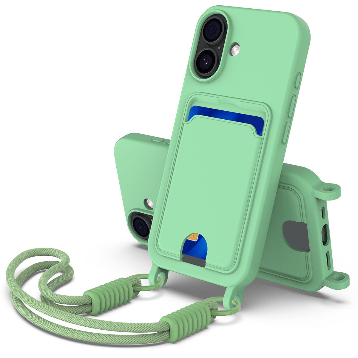

For iPhone 17 Case Liquid Silicone Card Holder Phone Back Cover with Short Strap Green