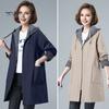 Long Length Jacket Spring Fall Women Hooded Sleeves Drawstring Plus Size Pockets Zipper Lady Closure Coat Windbreaker Mid Solid Color Big Windproof