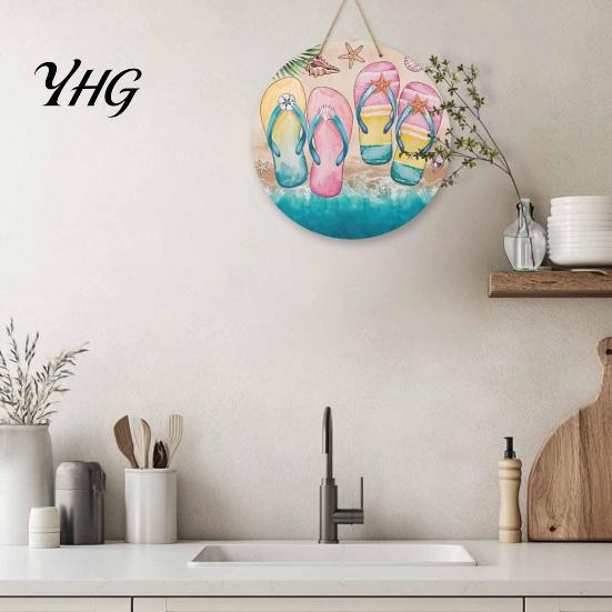 Holiday House Ornament Round Wooden Door Hanger, Watercolor Beach Welcome Sign, Hello Sunshine Decorative Sign Please Wall Plaque for Summer