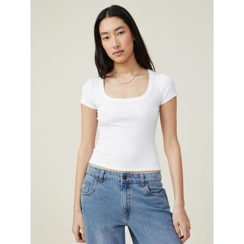 Y2K Summer Crop Exposed Short Women's Slim Fit Square Neck Short Sleeved T-shirt Thread Knit Top