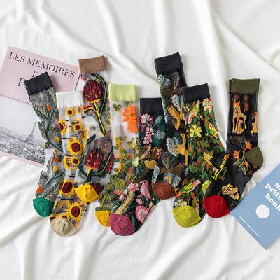 Women Transparent Socks Ladies Crystal Glass Silk Socks Summer Thin Flowers Birds Art Cat Animal Print Harajuku Long Mesh Socks