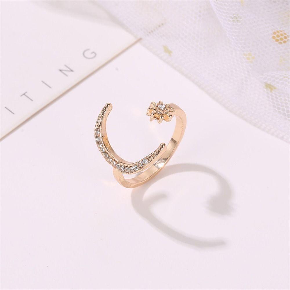Korean Style Couple Ring Rhinestone Crescent Moon Ring Retro Star Moon Opening Rings  Friend