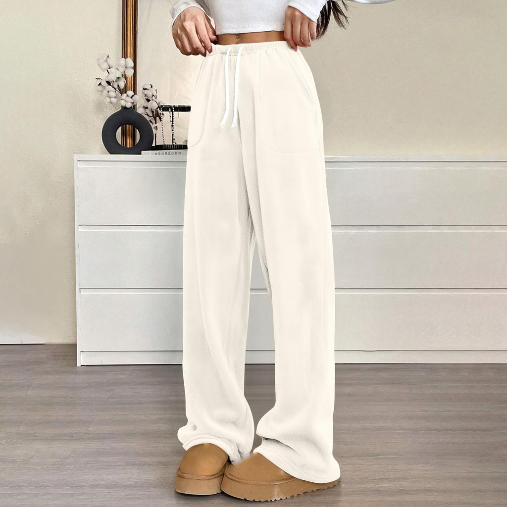 Women Pajama Pants Plush Sleep Pants Soft Elastic Waist Pajama Bottoms Solid Color Pants With 2 Pockets