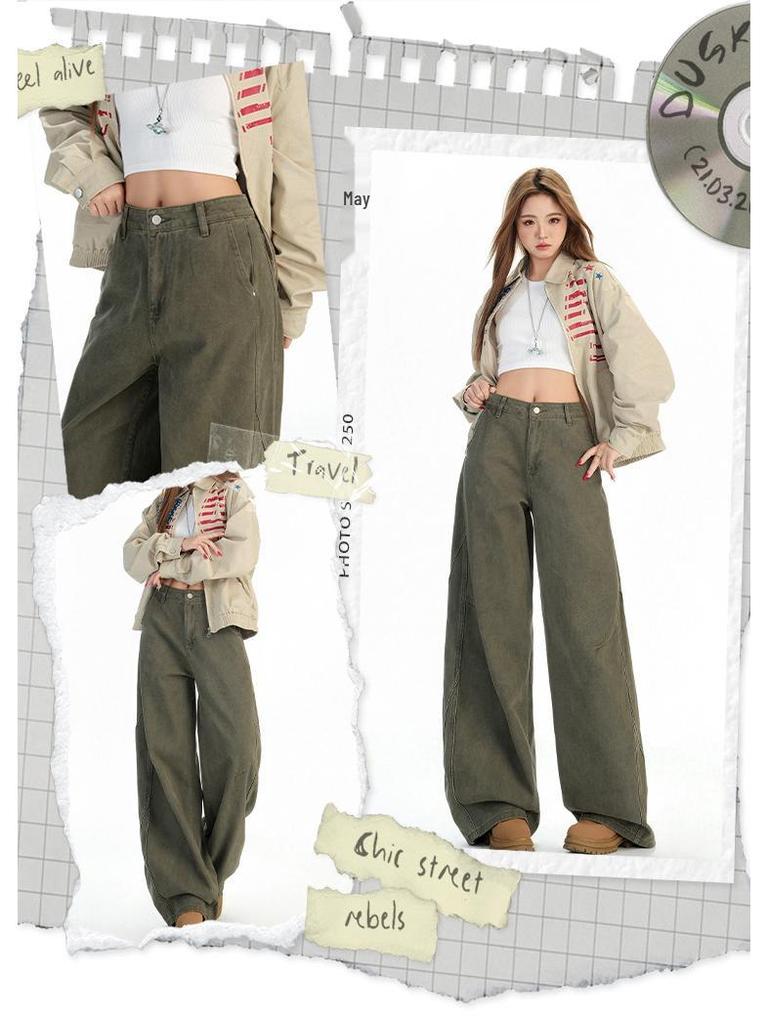 Women's Winter Brown Coffee Wide-Leg Jeans: Relaxed, Floor-Length, Slimming Fit