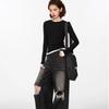 Black Faux Two-Piece Long-Sleeve T-Shirt - 2024 Spring/Autumn Pleated Color Block Slimming Fashion Top