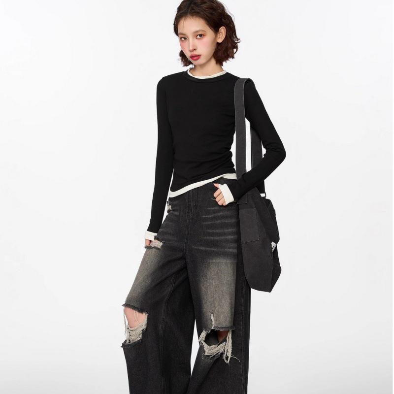 Black Faux Two-Piece Long-Sleeve T-Shirt - 2024 Spring/Autumn Pleated Color Block Slimming Fashion Top