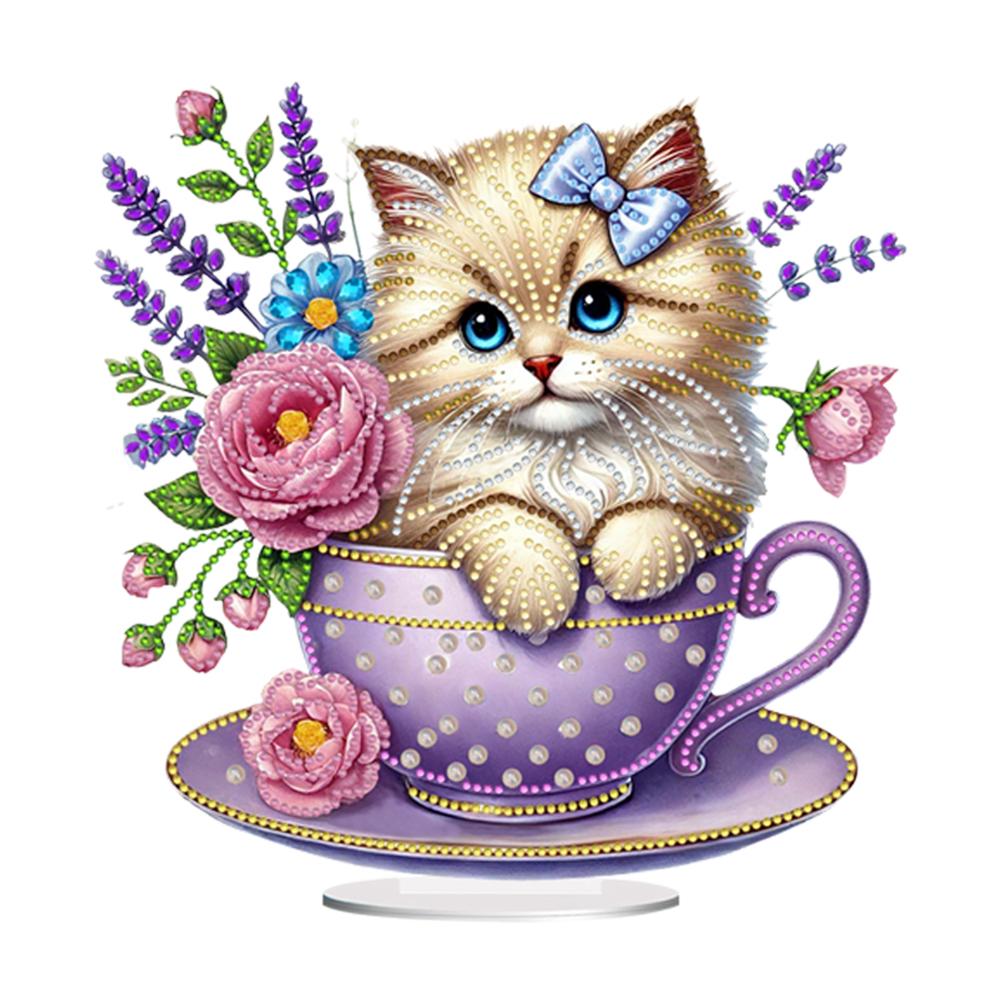 2D Flat Teacup Cat DIY Table Top Diamond Painting Ornament Kits Desktop Diamond Art Kits 5D DIY Diamond Art Tabletop Decorations