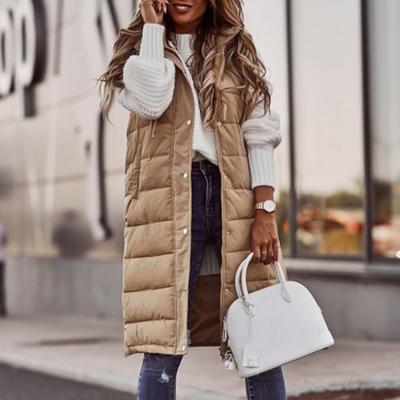 Women Winter Vest Coat Padded Sleeveless Hooded Drawstring Single Breasted Mid Length Slim Fit Zipper Hem Pockets Lady Long Winter Waistcoat