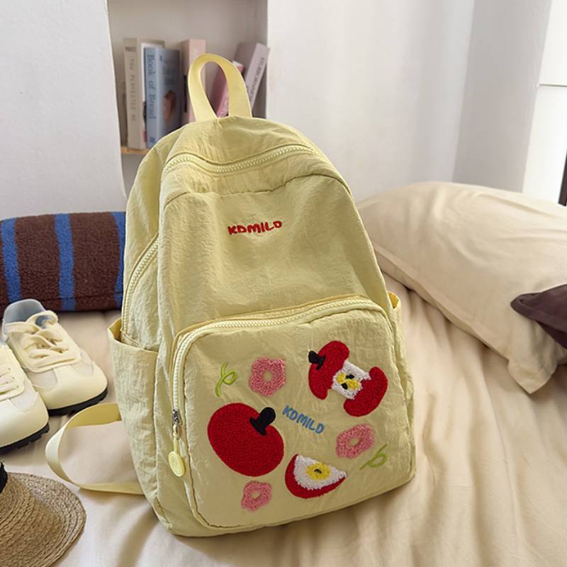 Trendy Nylon Backpack For Girls Featuring Apple Print And Zipper Design