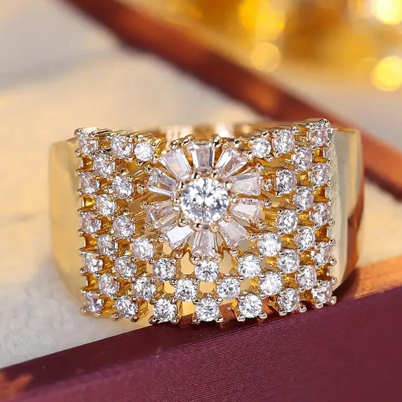 Huitan Brilliant Cubic Zirconia Ring for Women Gold Color/CopperColor Finger Jewelry Wide Band Accessories for Engagement Party