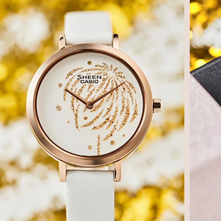 Casio Sheen Fireworks Theme Japanese Minimalist Business Style Leather Casual Quartz Watch Women watches Pink SHE-C130CGL-7AUPFY-PERSON