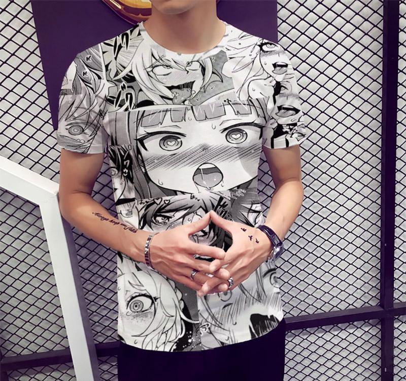SCIONE Herren Modisches Ahegao Anime Freizeit-T-Shirt mit 3D-Druck und kurzen Ärmeln