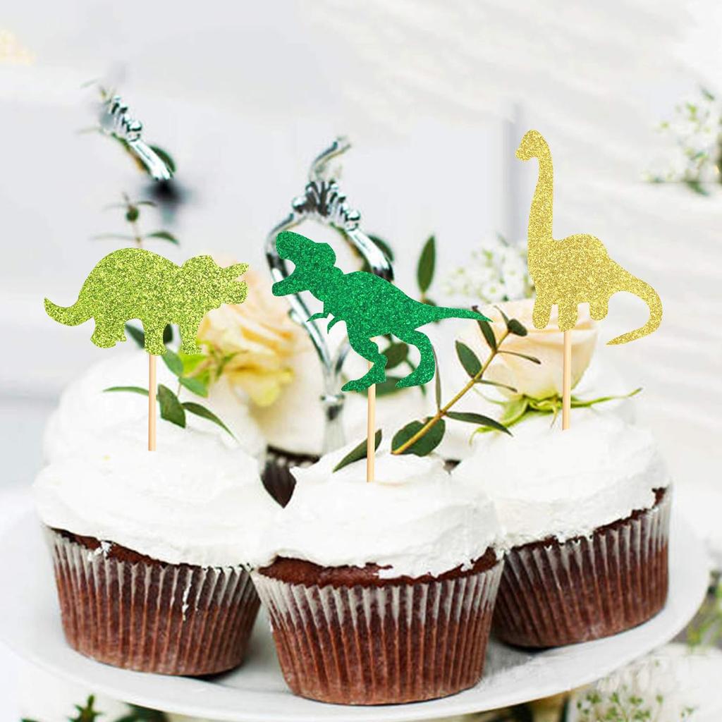 Pack of 24 Dinosaur Cupcake Topper Green Gold Glitter Cupcake Picks Cake Decoration for Baby Shower Wedding Birthday Event Party