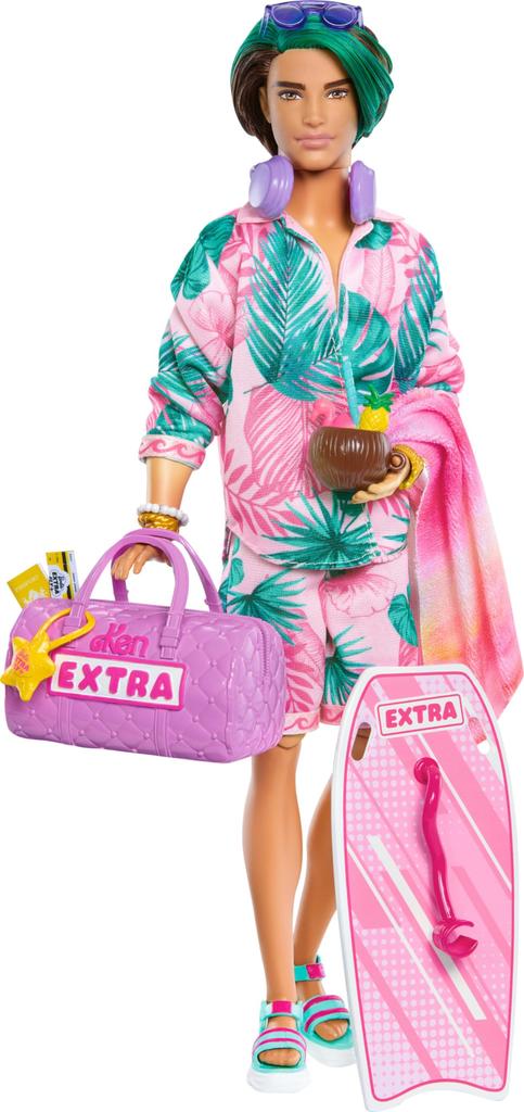 Barbie Extra Fly Ken-dukke med reiseklær og tilbehør med strandtema, tropisk antrekk med boogiebrett og duffelbag
