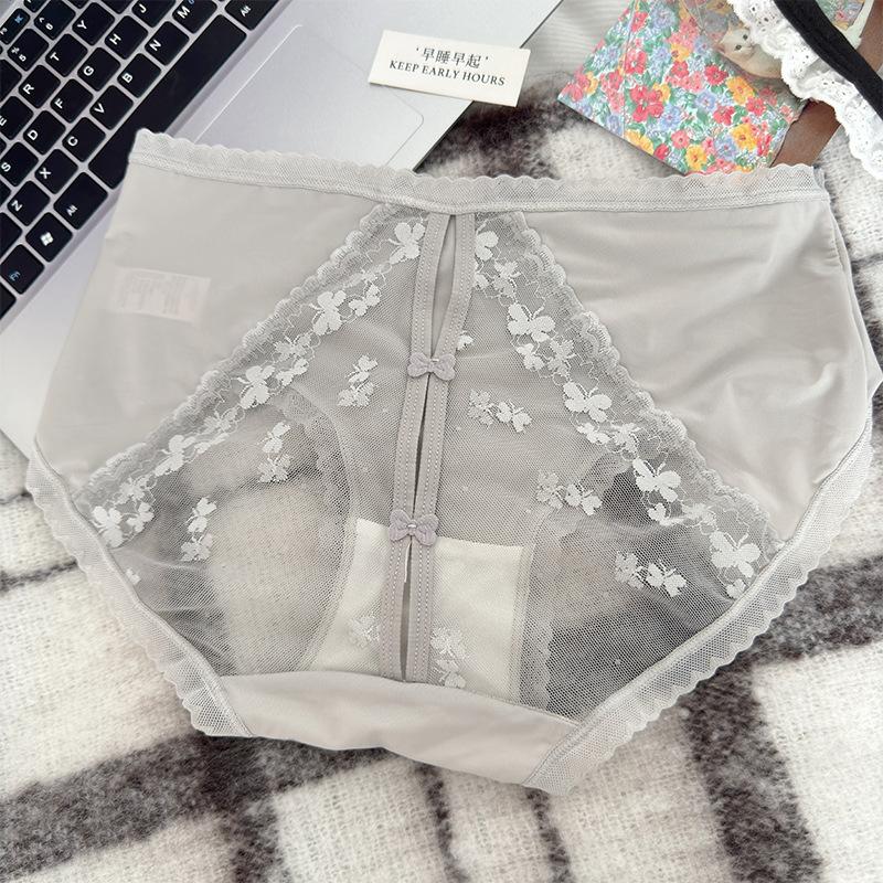 

Чистые полупрозрачные кружевные трусики с бантом на талии для женщин, тонкие удобные дышащие сексуальные трусики из чистого хлопка с промежностью XL серый