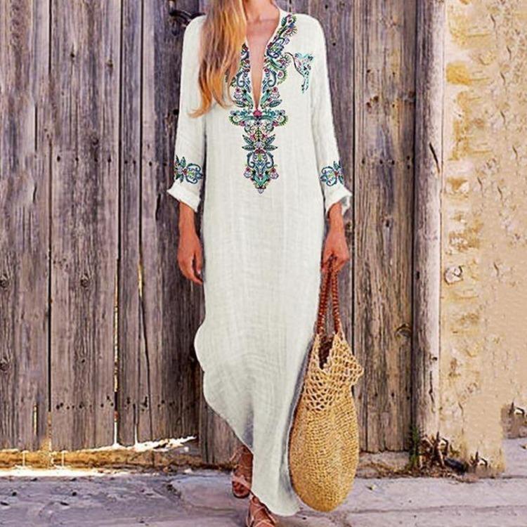 

2025 Summer Fashion Loose V-neck Long Dress with Split-ended Design S