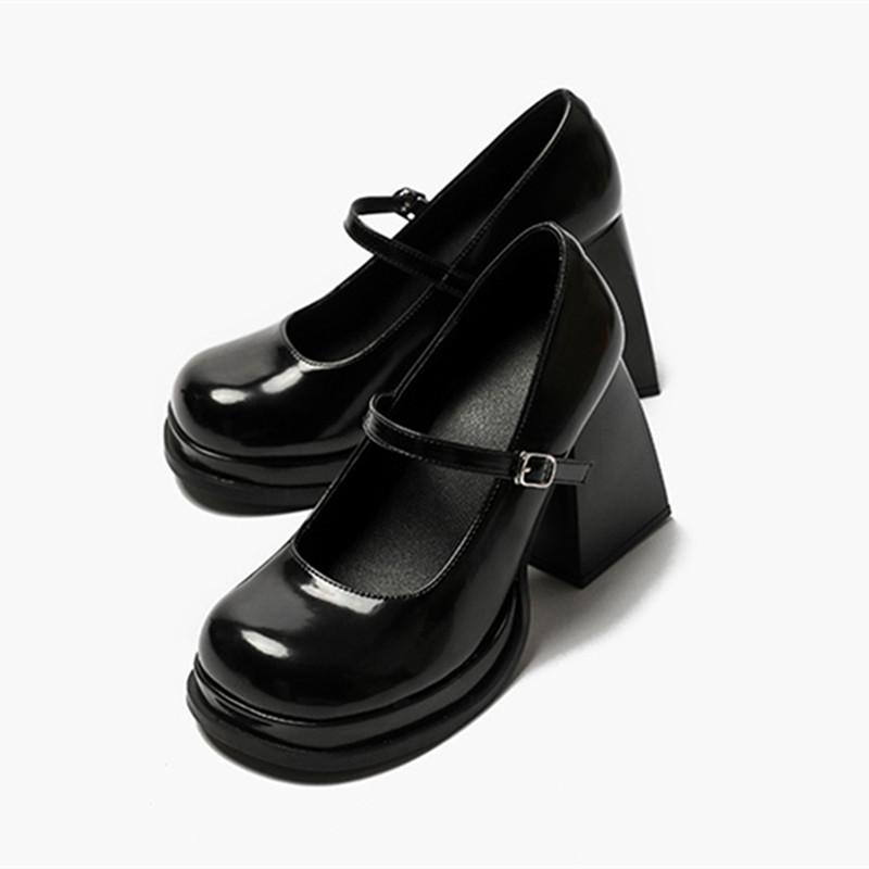 Fashion Black Patent Leather Chunky Heel Pumps Women Retro Mary Jane Shoes Comfortable Buckle Strap Casual Leather Heels for Ladies
