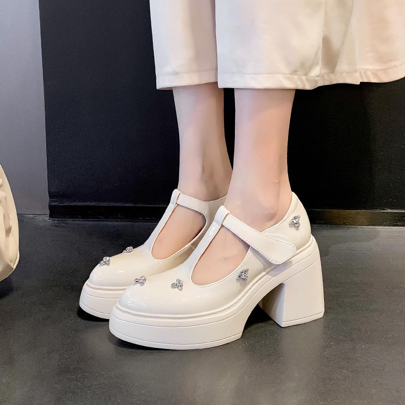 10CM red super high heel waterproof table single shoes college style fashionable versatile round head thick sole thick heel T-strap women's shoes