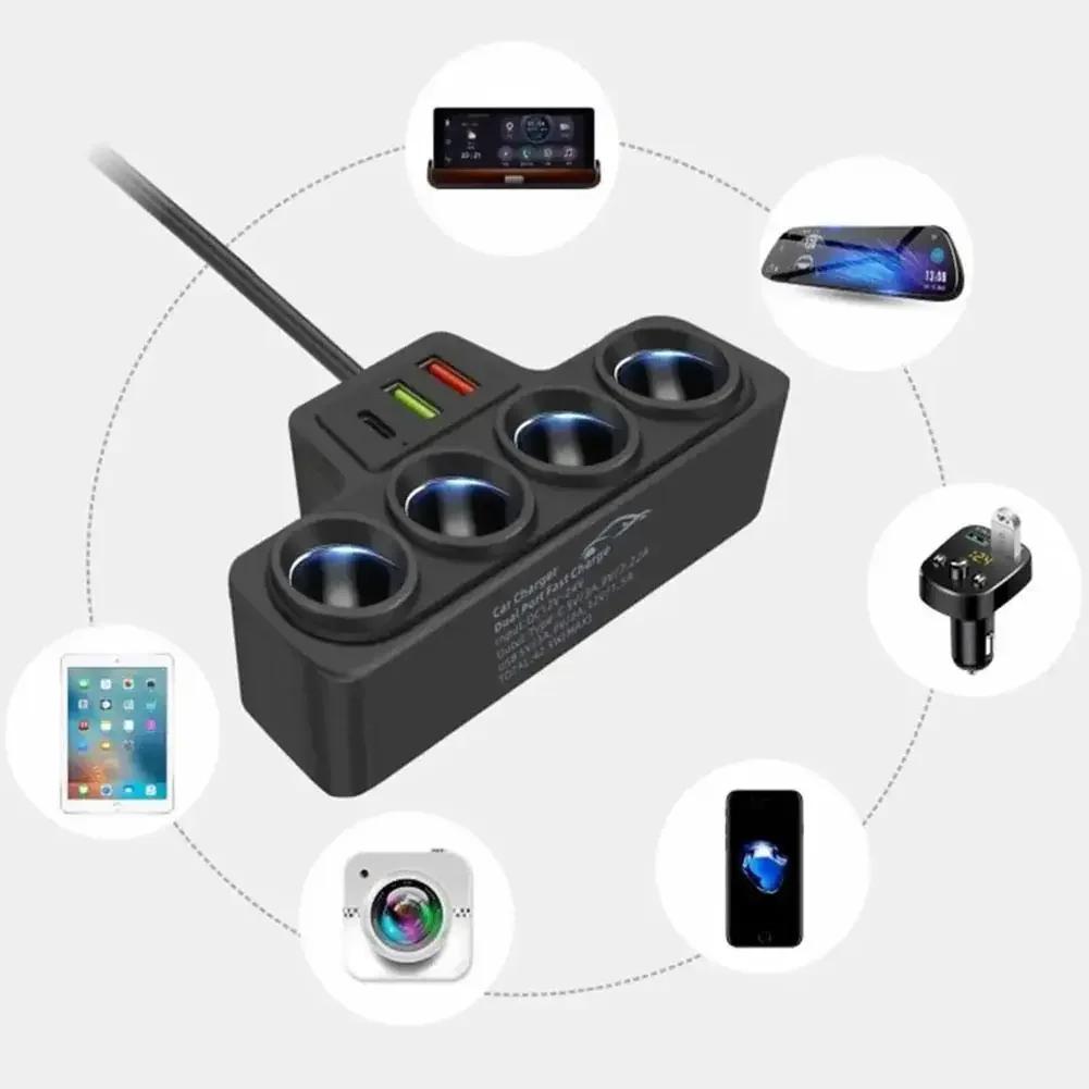 120W Car Cigarette Lighter Adapter USB Charger 4 Socket Splitter 12V/24V Quick Charge Auto Power Outlet Fast Charging Accessory