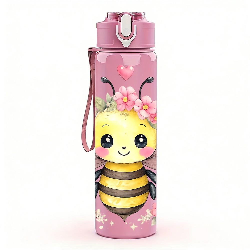 1PC Cute Bee Heart Cartoon Print 750ml Color Plastic Sports Water Bottle Leakproof Flip Straw Lid Suitable for Sports Office Home Use