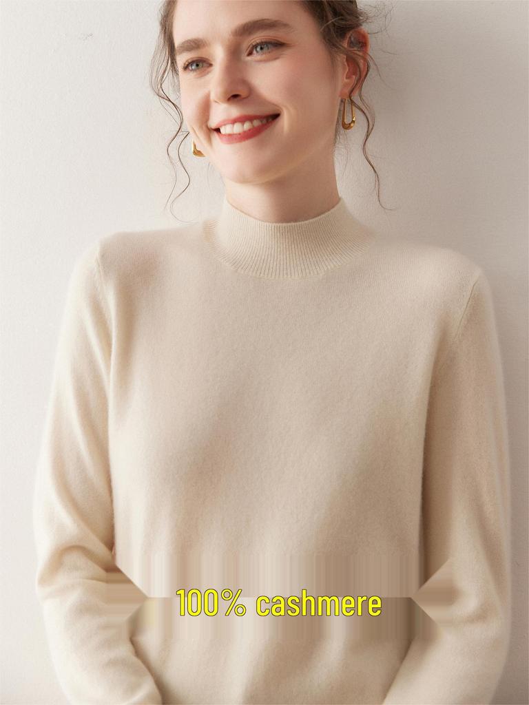 Autumn/Winter Women's Pure Cashmere Semi-High Neck Loose Knitted Sweater Pullover.