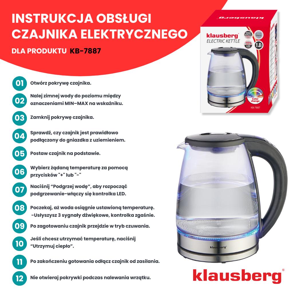 Czajnik elektryczny z regulacją temperatury szklany 1.8L KLAUSBERG KB-7887