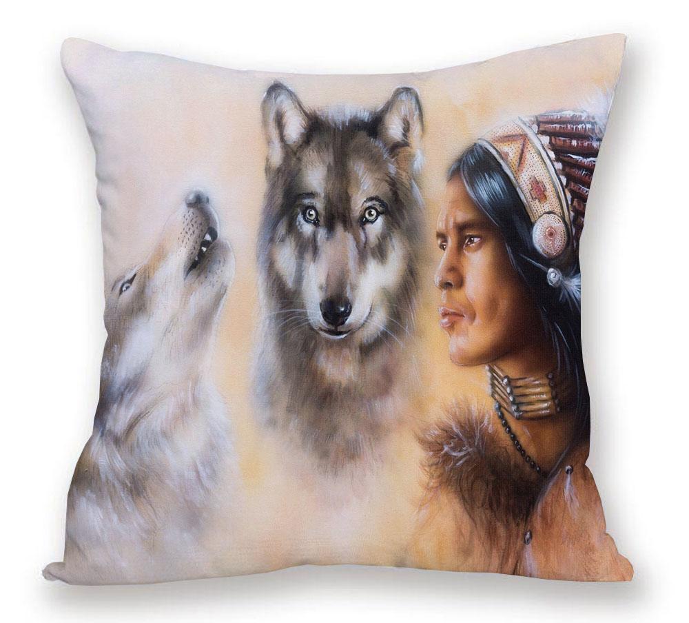 Eagle Wolf Animals Woman Portrait Painting Home Cushion Cover Xcm Decorative Pillows For Sofa