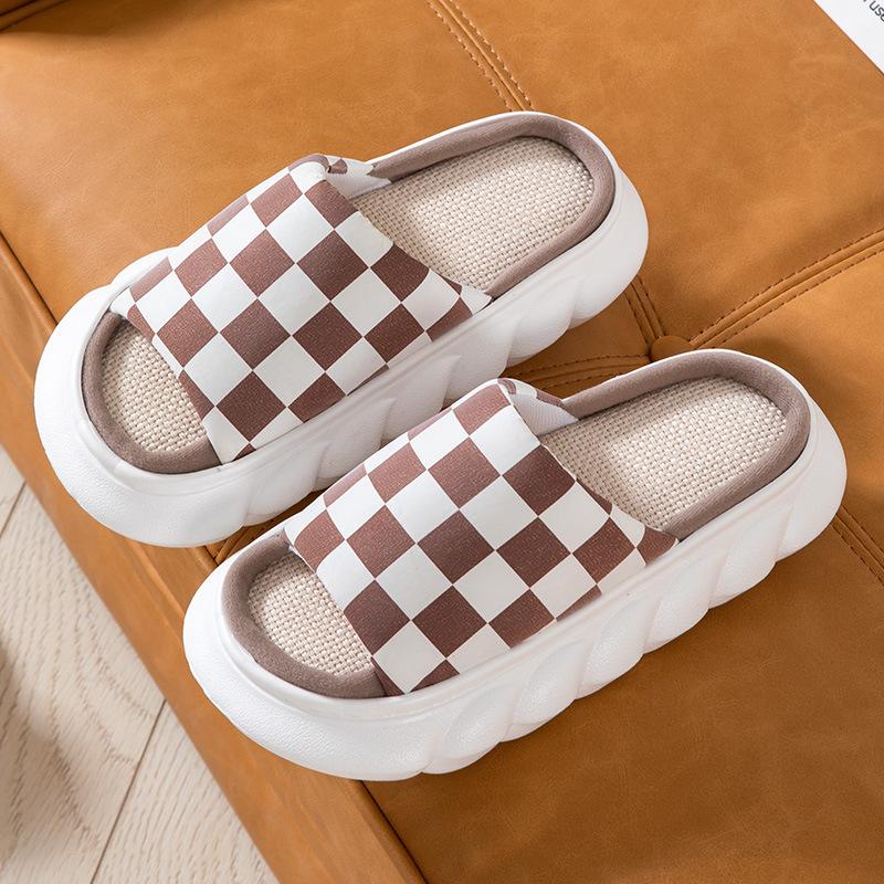 Four Seasons Linen Thick-soled Slippers Checkerboard Simple Home Non-slip Cool Slippers Couple Wooden Floor Mop