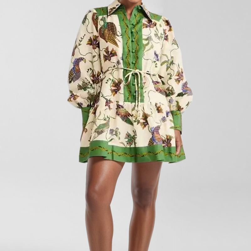 Frühling Herbst Cartoon-Print elegante Partykleider für Damen Mode Umlegekragen Langarm Gürtel Damen Mini-Kleid Lässiges figurbetontes Kleid