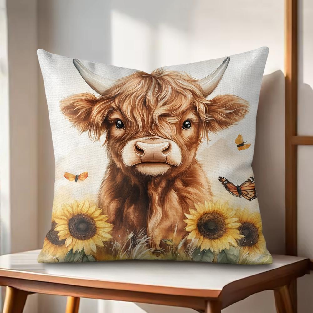 Cute Highland Cattle Cushion Cover Natural Linen Organic Fabric DoubleSided Printing Couch Pillow Covers Home Decor Gift