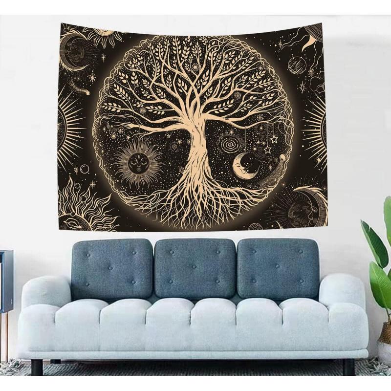 VIKAMA Sun Moon And Stars Tree Of Life Tapestry Ambient GalaxyStyle Wall Decoration Living Room And Bedroom Decorative Hanging