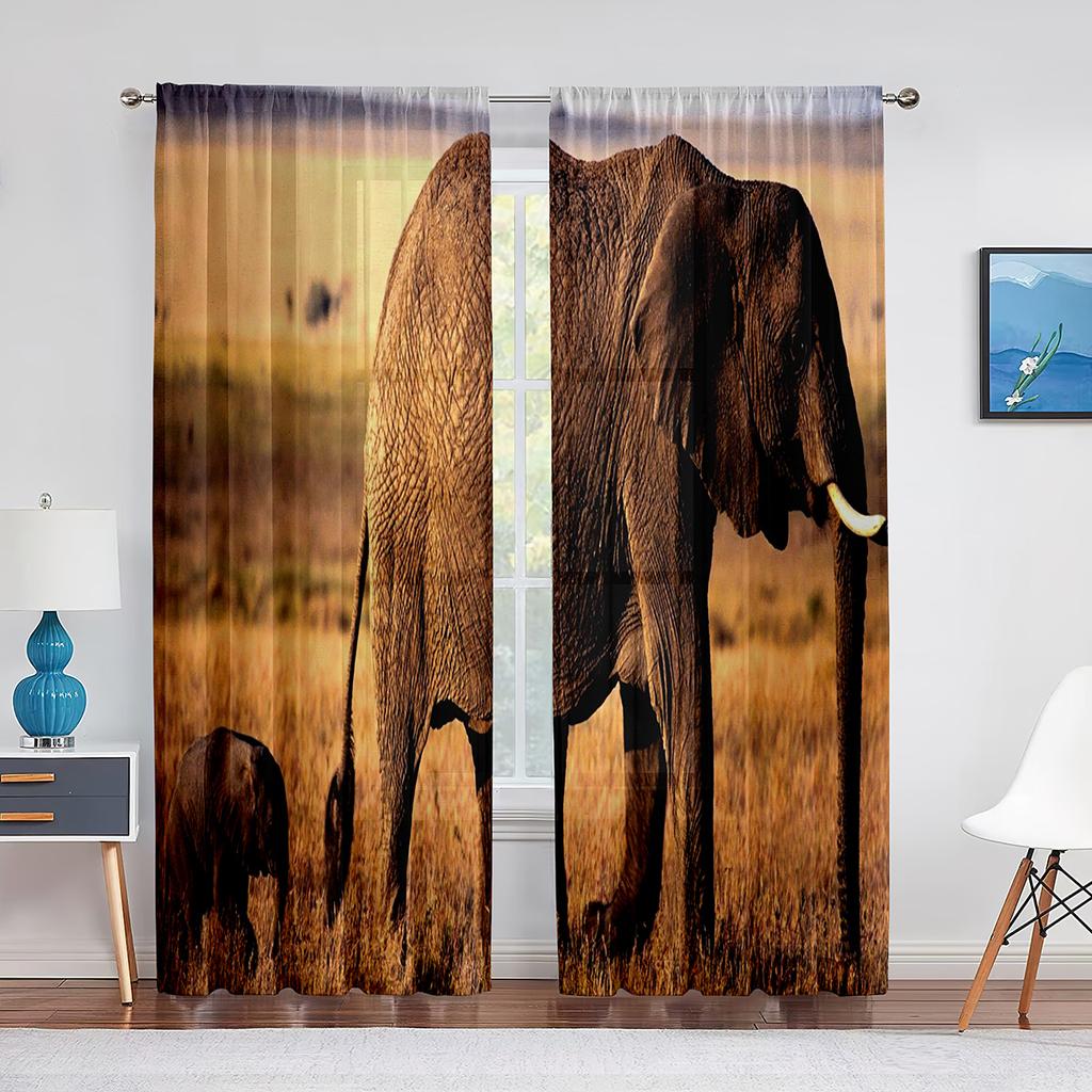 Afrikanischer Wildtier-Elefant und Nashorn-Tüllvorhänge für Wohnzimmerdekorationen, Chiffon, durchsichtiger Voile, Vorhang für Küche und Schlafzimmer