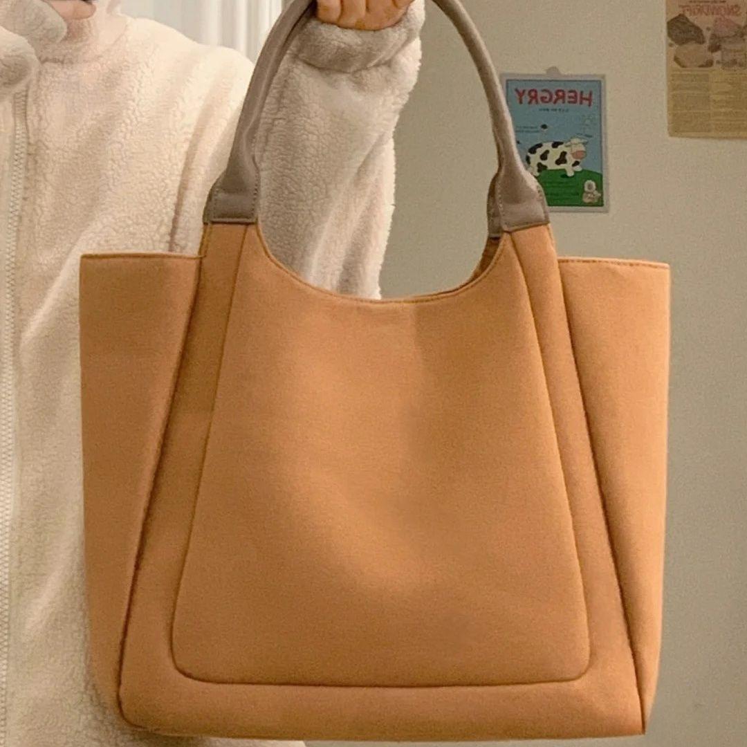 

Korean Solid Color Simple Tote Bag Women Patchwork Canvas Large Capacity Handbag Ladies Commute Versatile Shoulder Underarm Bags 40x30x9cm світло-коричневого кольору