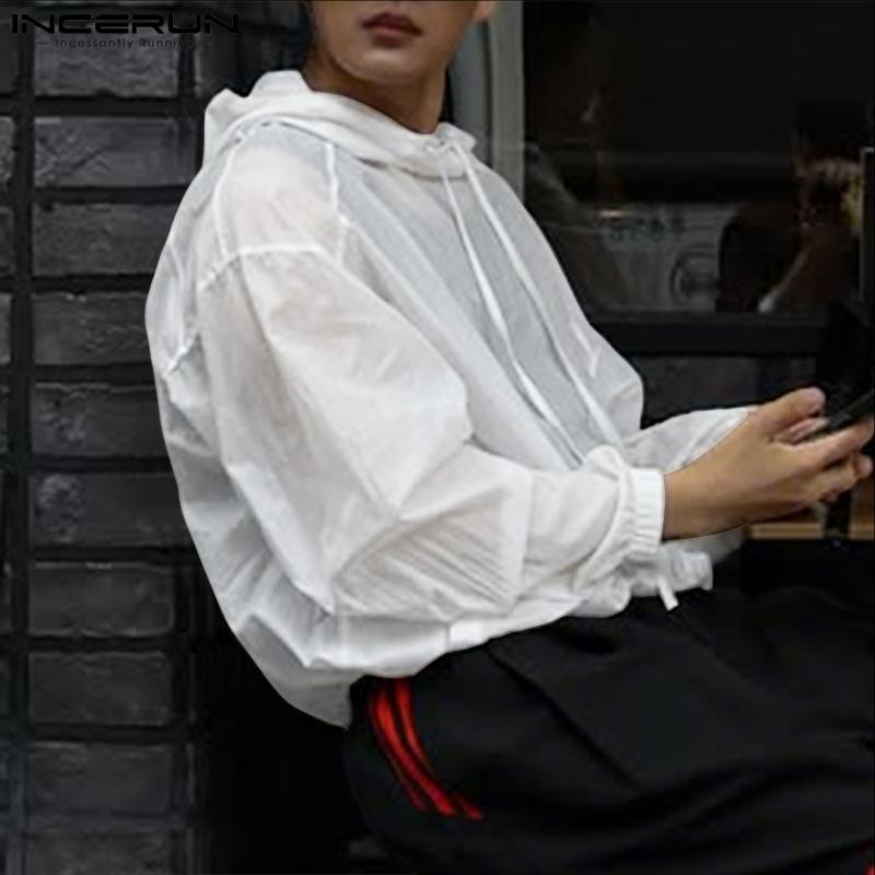 INCERUN Pánské topy s dlouhým rukávem, mírně průsvitné, volné, s kapucí a stahovací šňůrkou