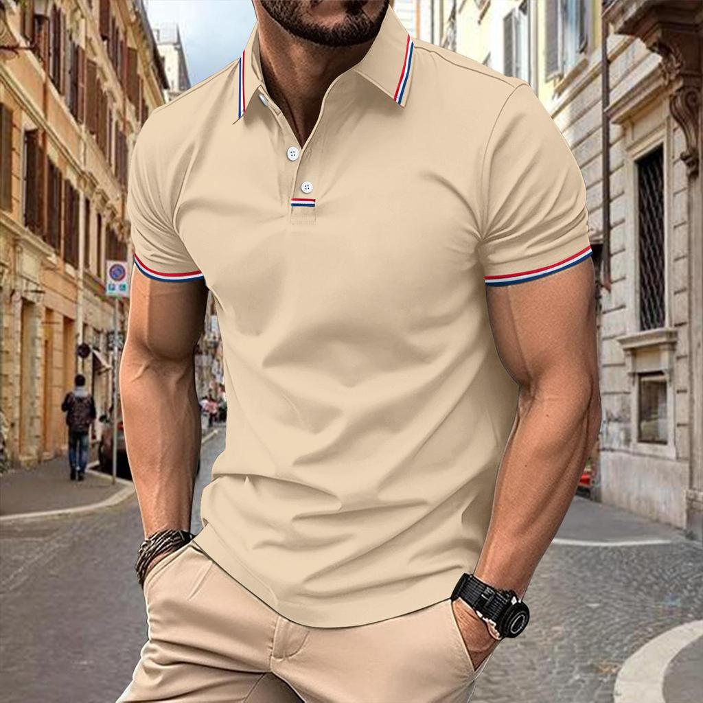 New Men's Casual POLO Shirt Lapel Collage Pull Stripes Button Business Solid Colour T-shirt Tops