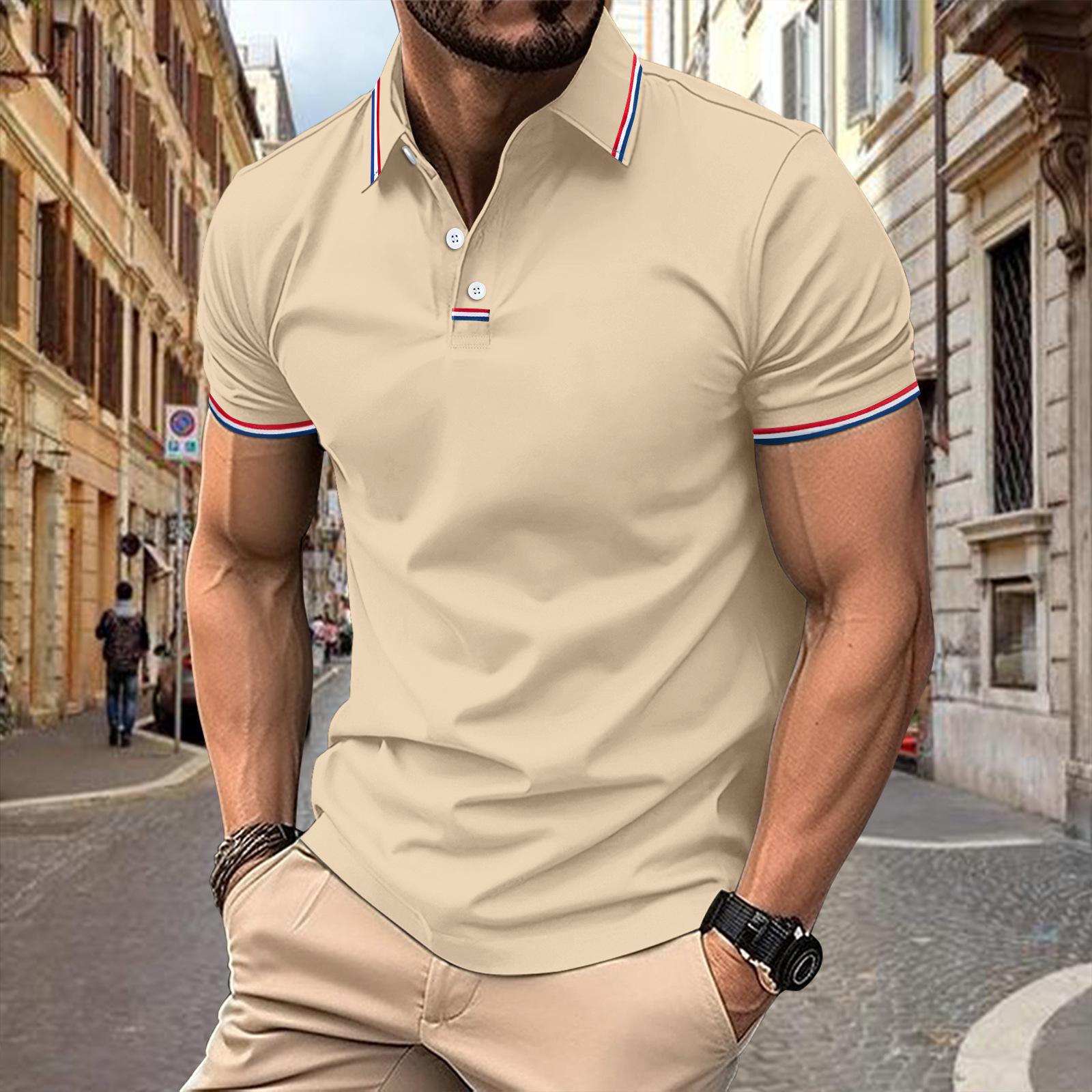 New Men s Casual POLO Shirt Lapel Collage Pull Stripes Button Business Solid Colour T-shirt Tops S хаки