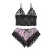 2 Pcs/Set Lady Pajamas Satin Bow Sleeveless Crop Top See-Through Lace Patchwork