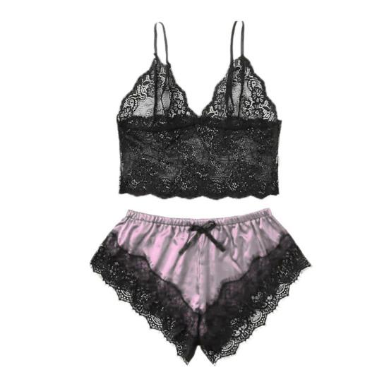 2 Pcs/Set Lady Pajamas Satin Bow Sleeveless Crop Top See-Through Lace Patchwork