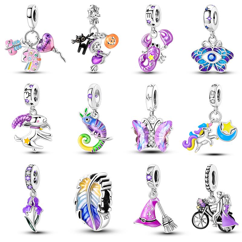 100% Copper Purple Color Series Chameleon Butterfly Balloon Charms Beads Fit Qikaola Original Bracelets Diy Jewelry