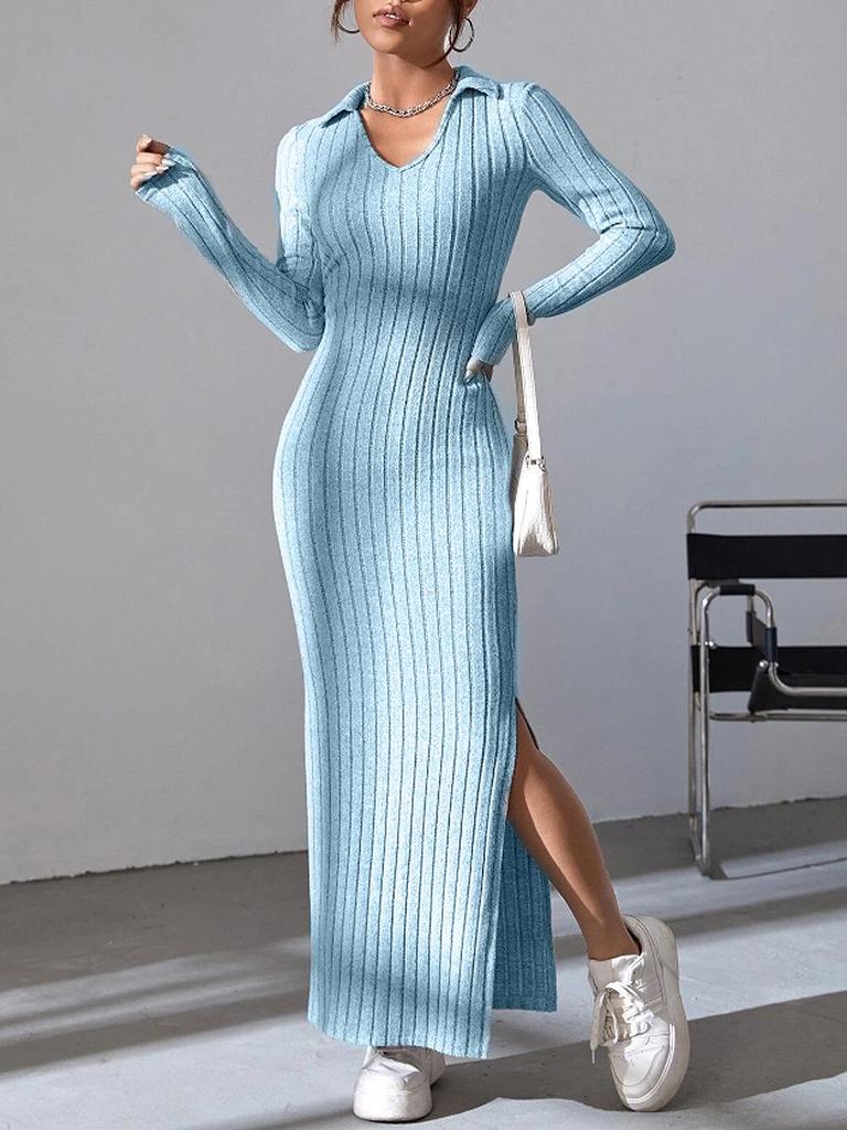 2024 Spring/Summer Women's Ribbed Knit Slim Fit Long Sleeve Lapel Dress