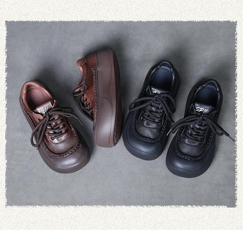 Damskor i retroplattform i läder - Äkta kohud, vardagliga enkelskor med tjock sula för våren 2025