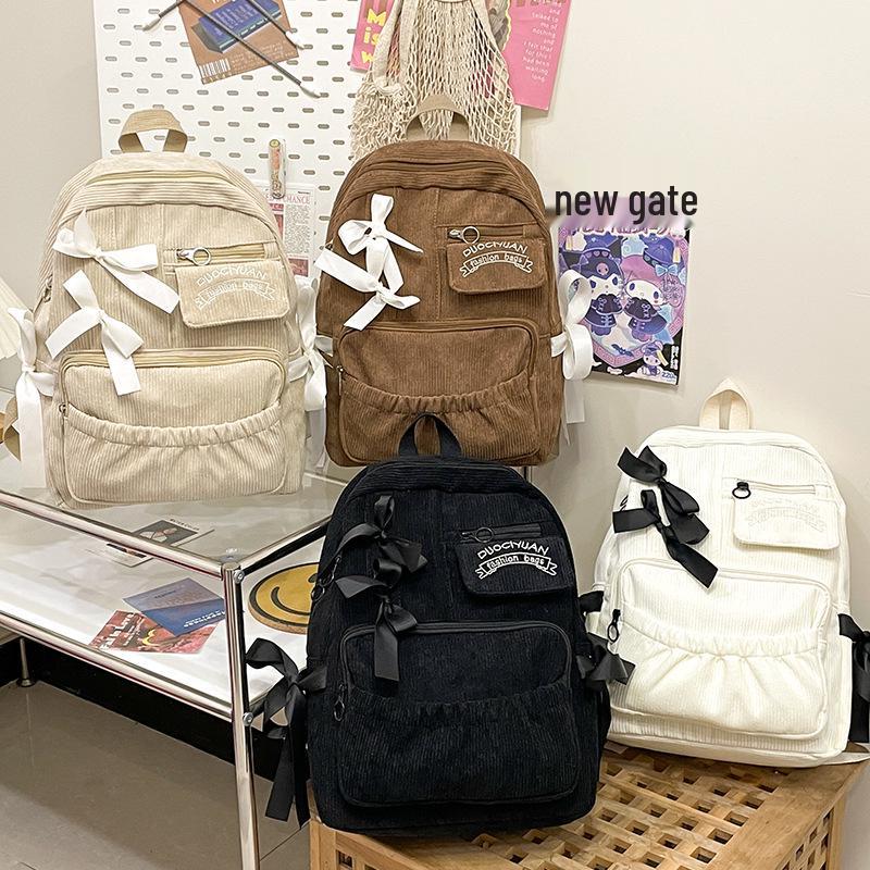 Girls' Corduroy School Backpack with Ribbon Bow - Perfect for High School and College