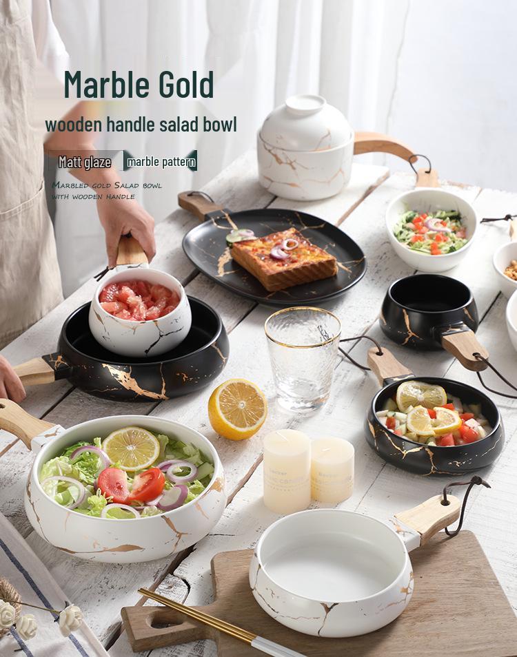 Nordische Minimalistische Keramikschüssel mit Marmormuster und Holzgriff