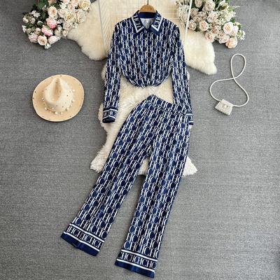 Zomerversie voor Dames van De Losse Enkelrijige Bedrukte Letters Blouse Tweedeel Set van Hoge Taille Dunne Rechte Wijde Pijpen Broek