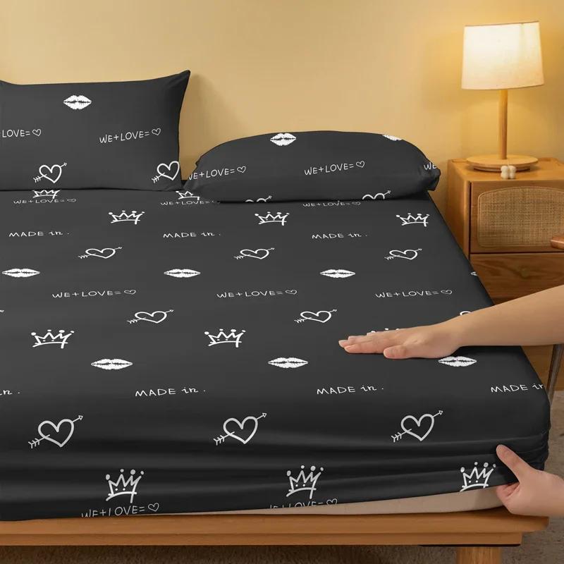 1 Simple Modern Fun Heart-Shaped Geometry Printed Matte Fitted Sheet, Bedroom Printed Bed Cover, Bedding (Excluding Pillowcases)
